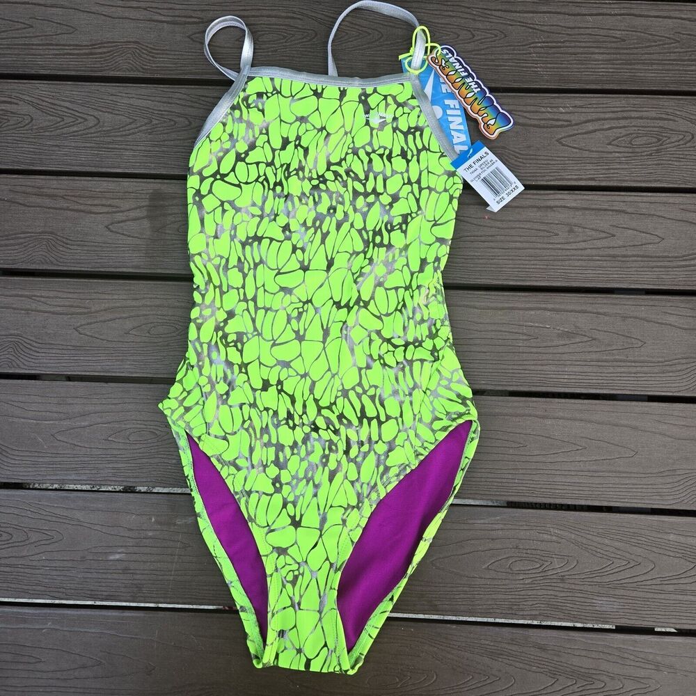 TYR The Finals Girls Glimmer Foil Green/silver Swimsuit Wingback - Size 26 New